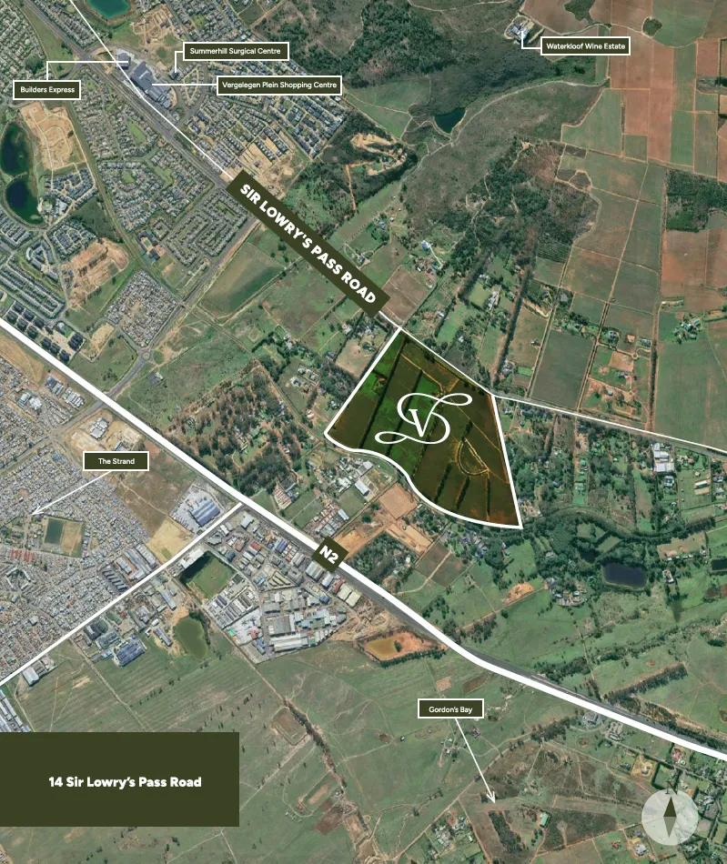 Aerial map showing Valverde Estate's location on Sir Lowry's Pass Road, Somerset West, near Vergelegen Plein and the N2
